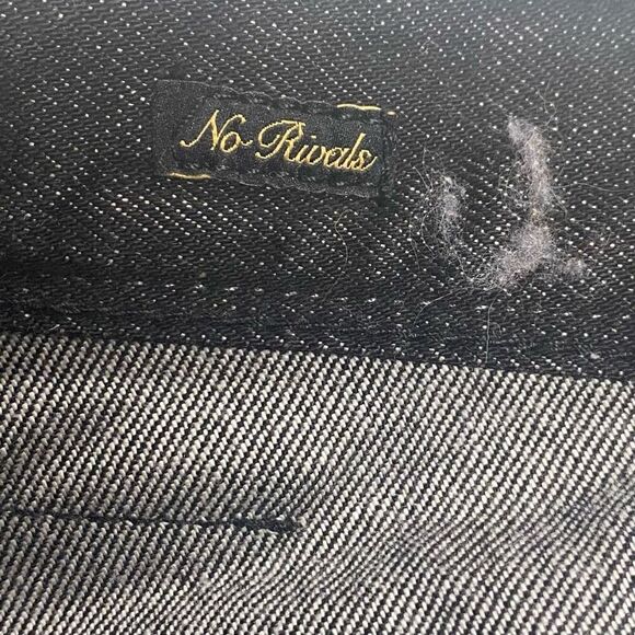 AKOO Men’s Button Fly Dark Wash Distressed Jeans Size 38X32 Reinforced Knee Blac - Picture 10 of 12